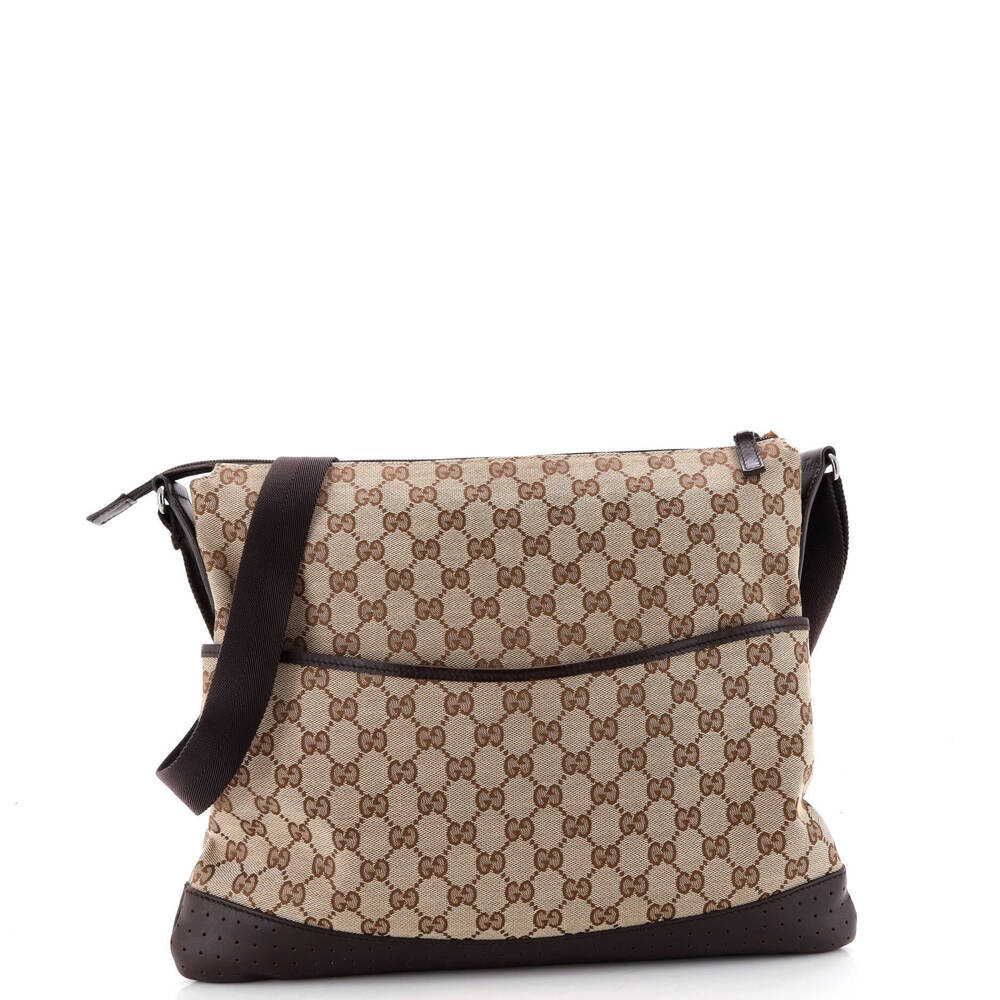 Gucci Large Zip Messenger Bag GG Canvas with Perforated Leather